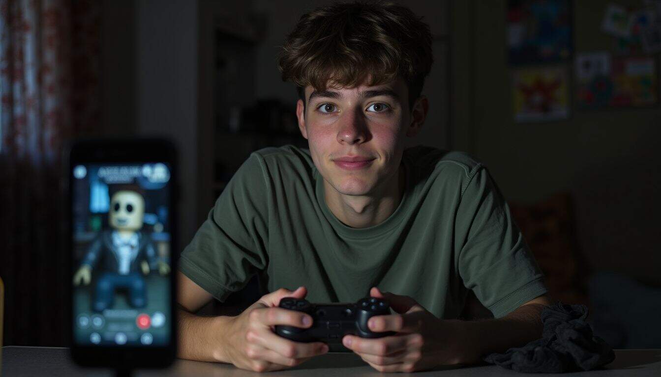 A casual 16-year-old teen sits in a messy room, gaming beside a spooky Roblox avatar on their screen. A casual 16-year-old teen sits in a messy room, gaming beside a spooky Roblox avatar on their screen.
