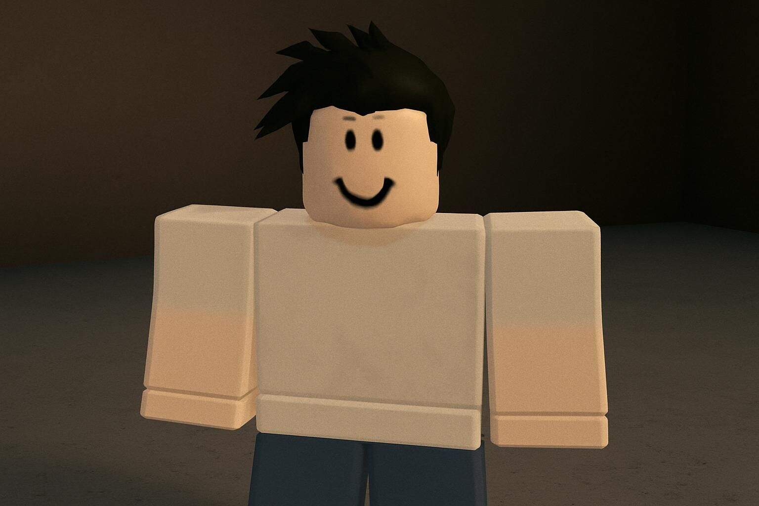 A Roblox character with glitchy details displays an unposed, everyday expression in a simple virtual environment. A Roblox character with glitchy details displays an unposed, everyday expression in a simple virtual environment.
