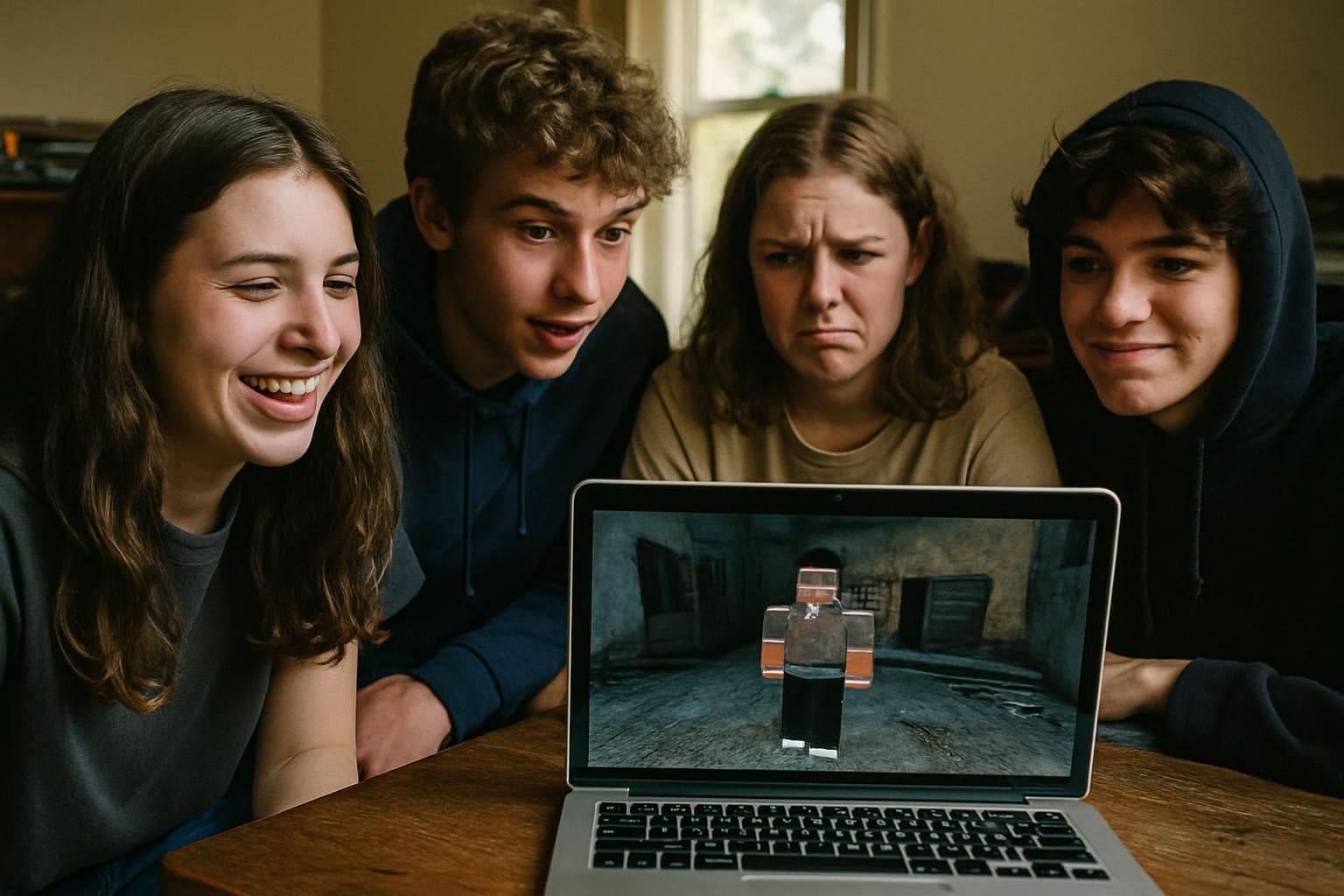 A group of teenagers enjoy a casual hangout, laughing around a laptop displaying a glitchy Roblox character.