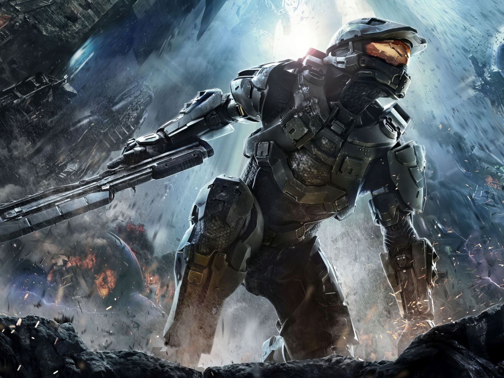 A man stands near strange high-rise structures, suggesting a huge, layered universe. Futuristic armored soldier with a weapon in an intense sci-fi battle scene, featuring explosive destruction, dark cityscape, and bright light effects.