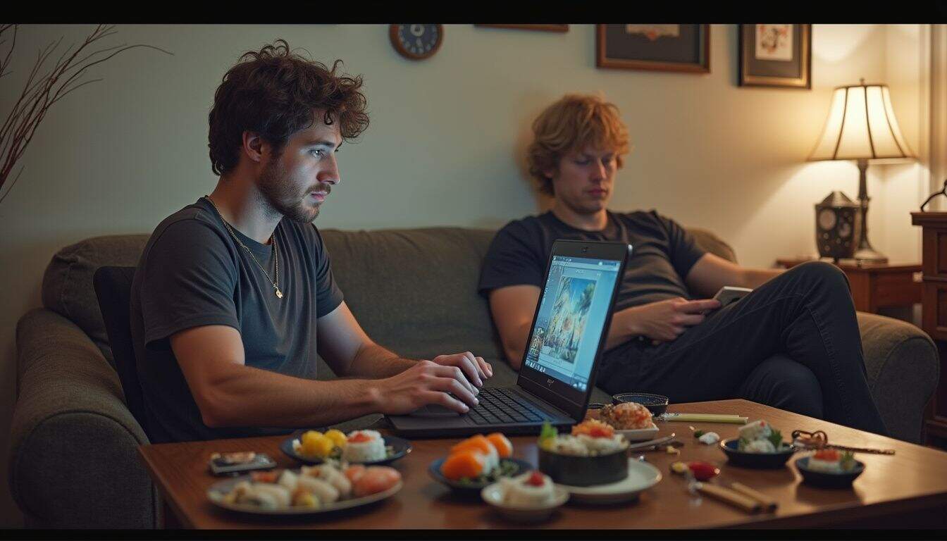 Two friends game in a living room while sharing sushi plates. Two friends game in a living room while sharing sushi plates.