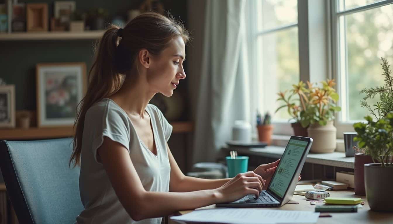 A woman casually uses a Chromebook at a cluttered desk. A woman casually uses a Chromebook at a cluttered desk.