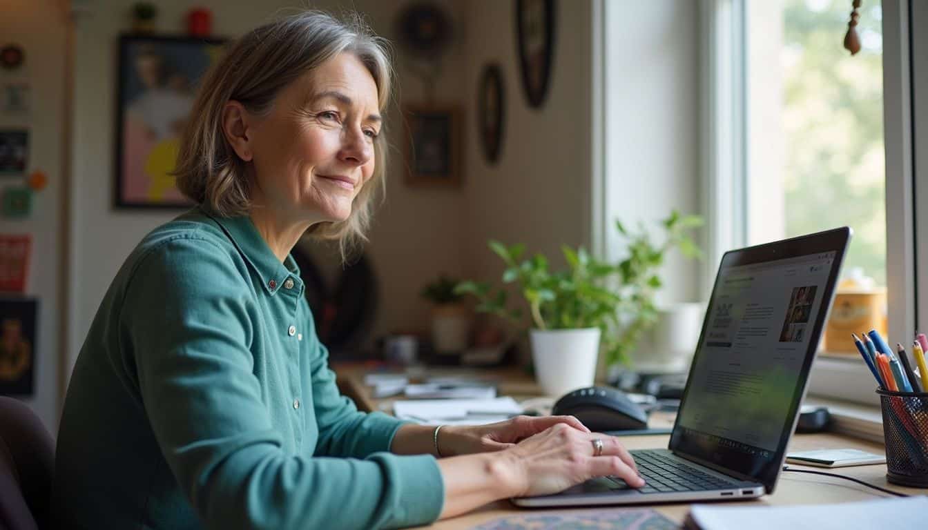 A woman works on her Chromebook at a cluttered desk. A woman works on her Chromebook at a cluttered desk.
