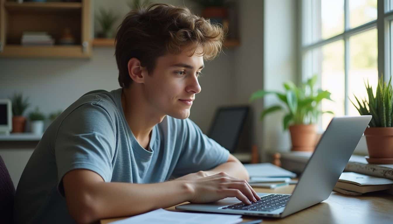 A young adult uses keyboard shortcuts on a Chromebook at home. A young adult uses keyboard shortcuts on a Chromebook at home.