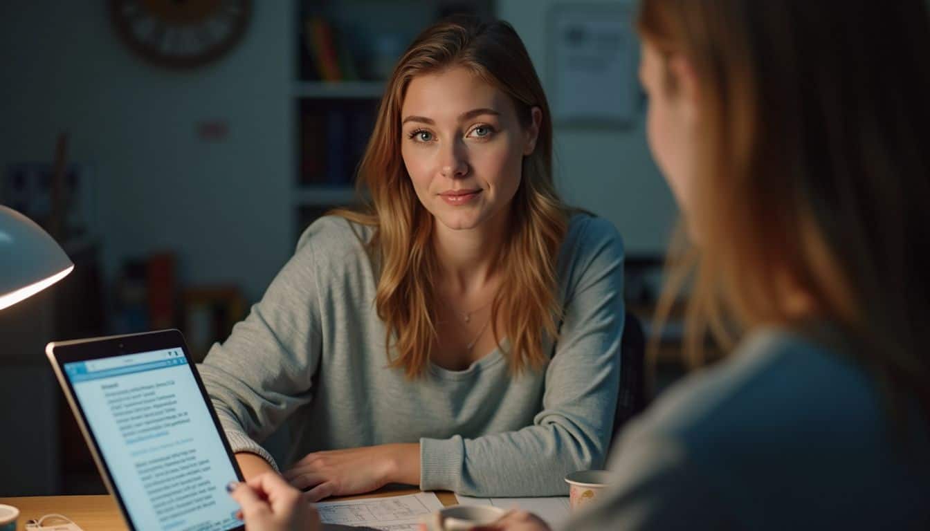 A woman highlights text on her Chromebook at a cluttered desk. A woman highlights text on her Chromebook at a cluttered desk.