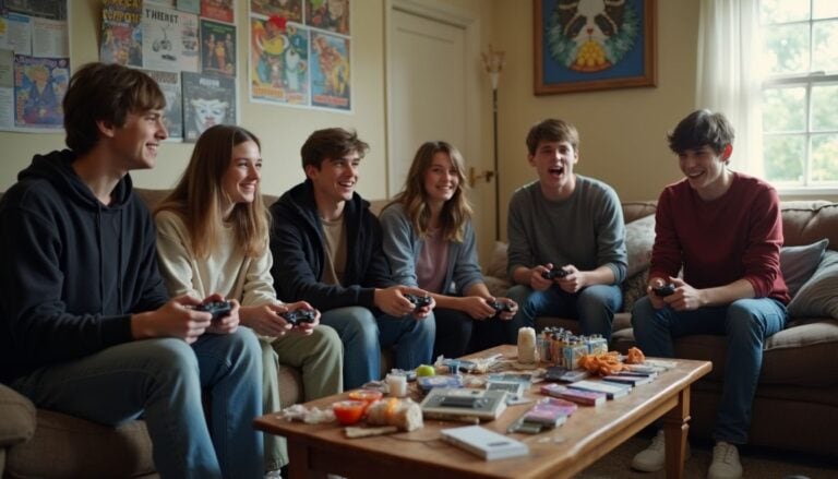 Young friends gaming together in a cozy living room, enjoying a fun social night with controllers and snacks, capturing the essence of teen entertainment and friendship.