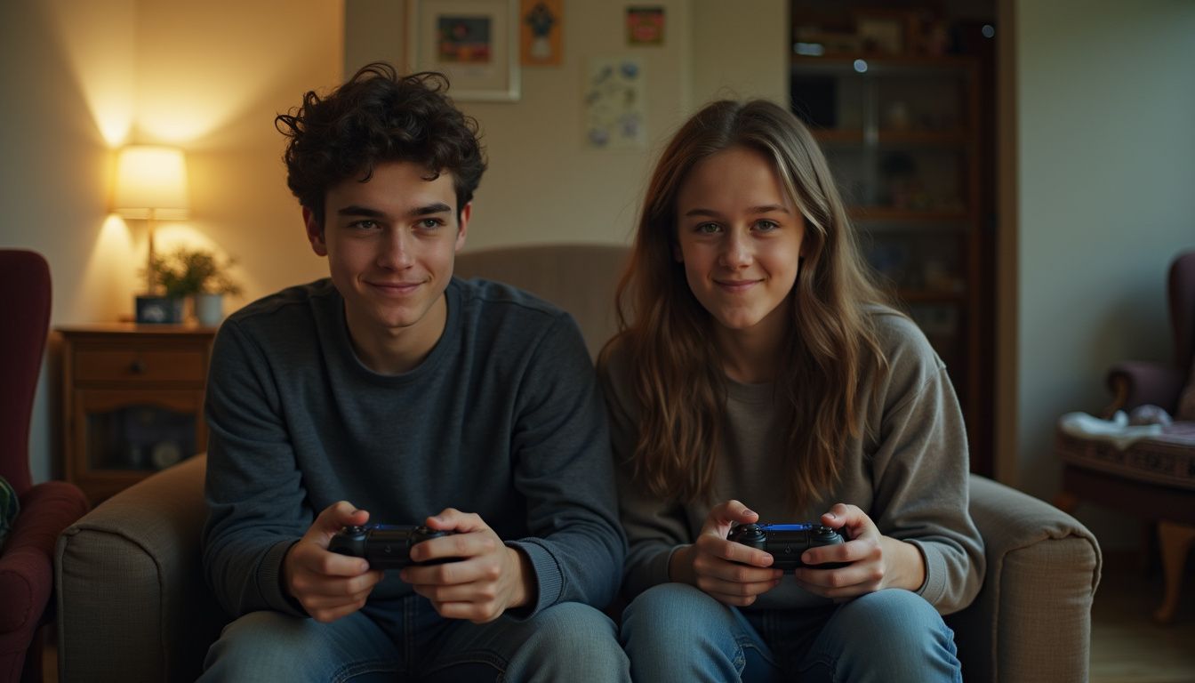 Two teens casually hang out and play video games in a cluttered living room. Young teenagers playing video games together, enjoying gaming session at home, cozy living room setup with gaming consoles and controllers, happy friends bonding over video games, indoor entertainment, adolescent gaming fun.