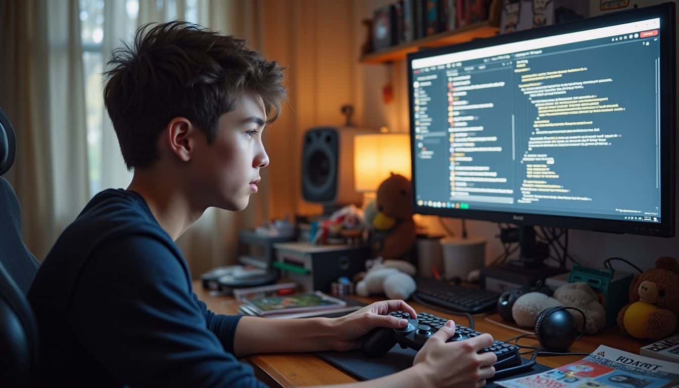 High-performance gaming setup with a young gamer focused on coding and game development, featuring a large monitor, gaming controller, and cozy room environment.