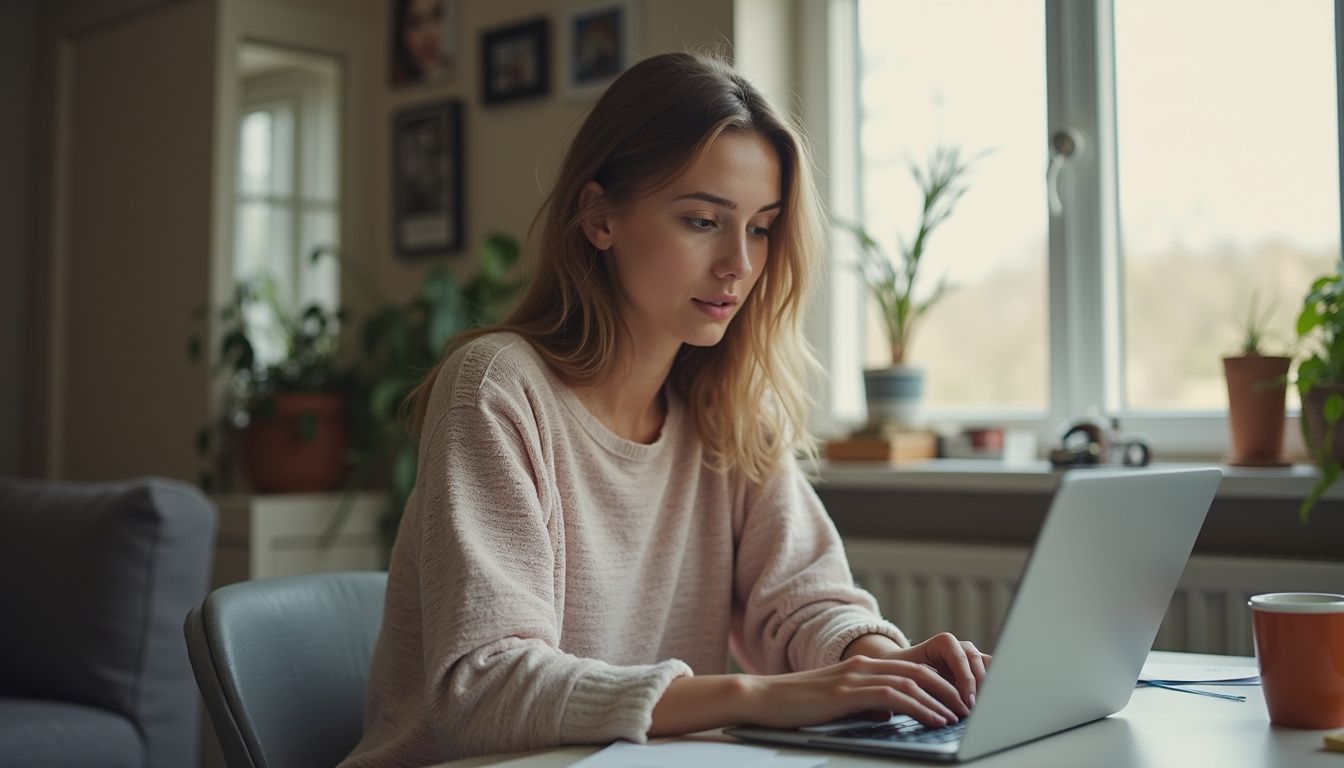 A woman in her mid-20s sits casually at home, typing on her laptop and chatting with friends online. Young woman using a laptop in a cozy home environment, surrounded by houseplants and natural light, showcasing modern tech and lifestyle inspiration, suitable for tech review and lifestyle blogs.