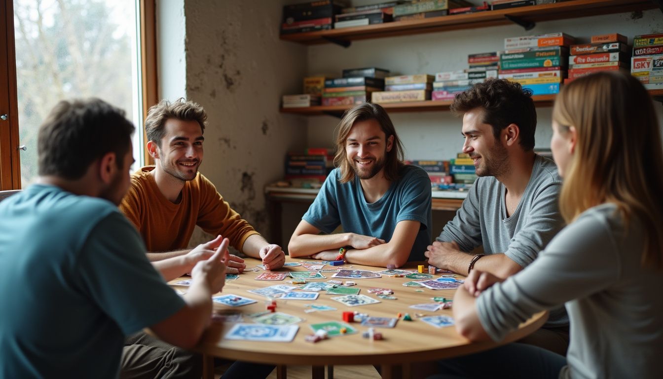 A diverse group of adults enjoys a casual tabletop game at a cluttered cafe table. Board game night with friends, playing a fun and engaging tabletop game, showcasing social gaming and entertainment, perfect for friends and family gatherings.