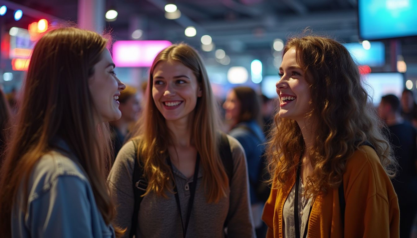 A casual gathering of young women chatting and sharing gaming tips at a lively gaming expo. Gigabit ethernet connection at gaming event.