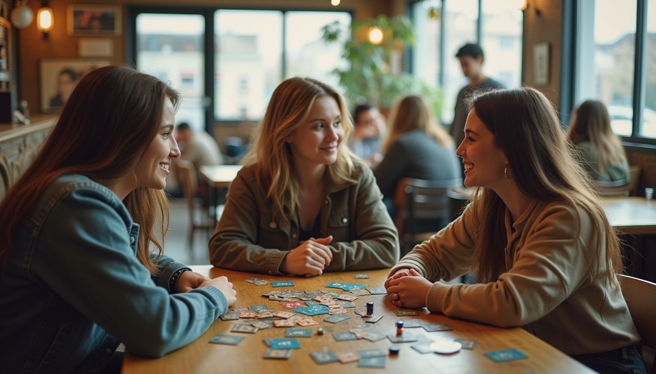 A casual gathering of young women enjoying games and conversation at a lively board game café. Board game enthusiast enjoying a friendly game at a cozy cafe with friends, capturing social gaming moments, bright indoor lighting, and a lively atmosphere.