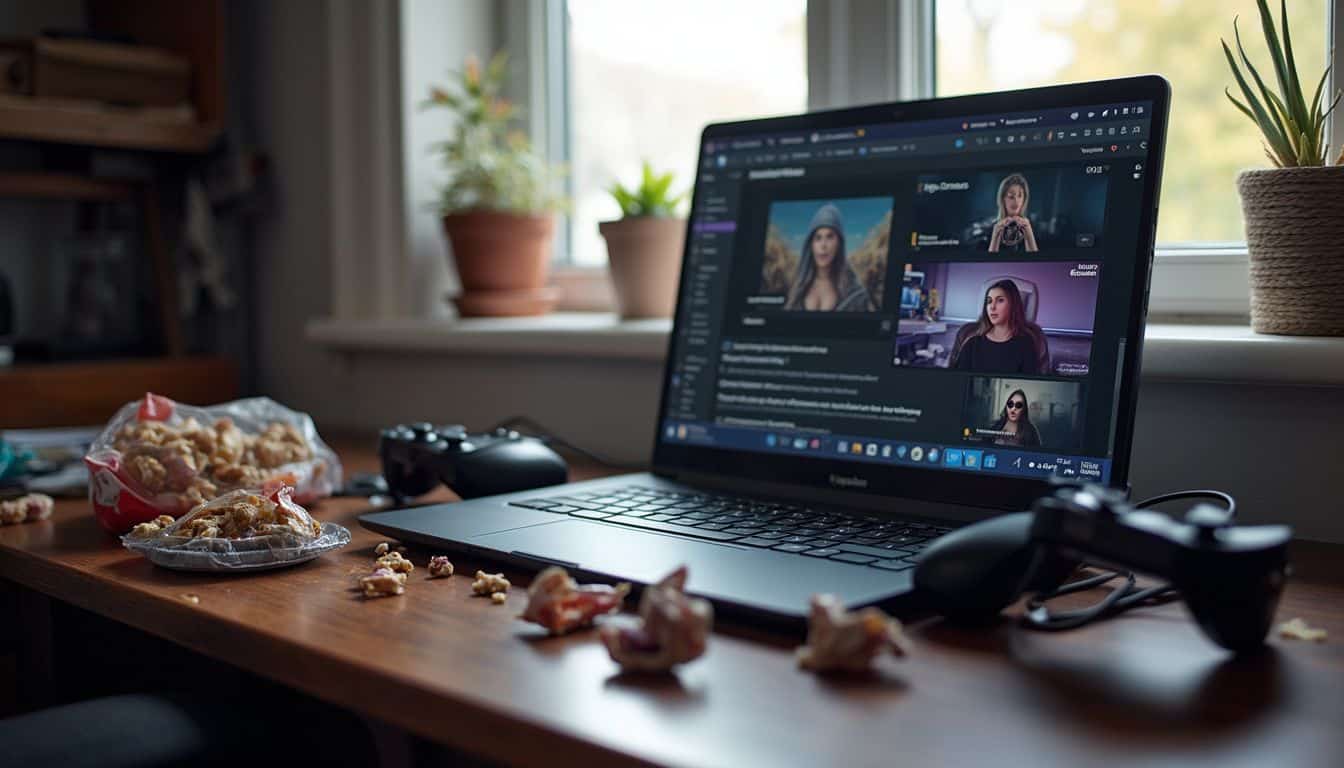 Computer gaming setup with a laptop displaying streaming content, surrounded by snacks and gaming controllers, in a cozy natural-lit workspace.