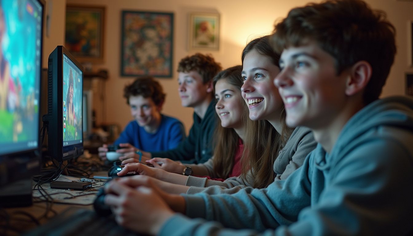 A group of teenagers enjoy gaming together, chatting and laughing in a casual, cluttered setting. Kids gaming session with friends using high-performance gaming computers and controllers, enjoying multiplayer video games in a cozy, well-lit room.