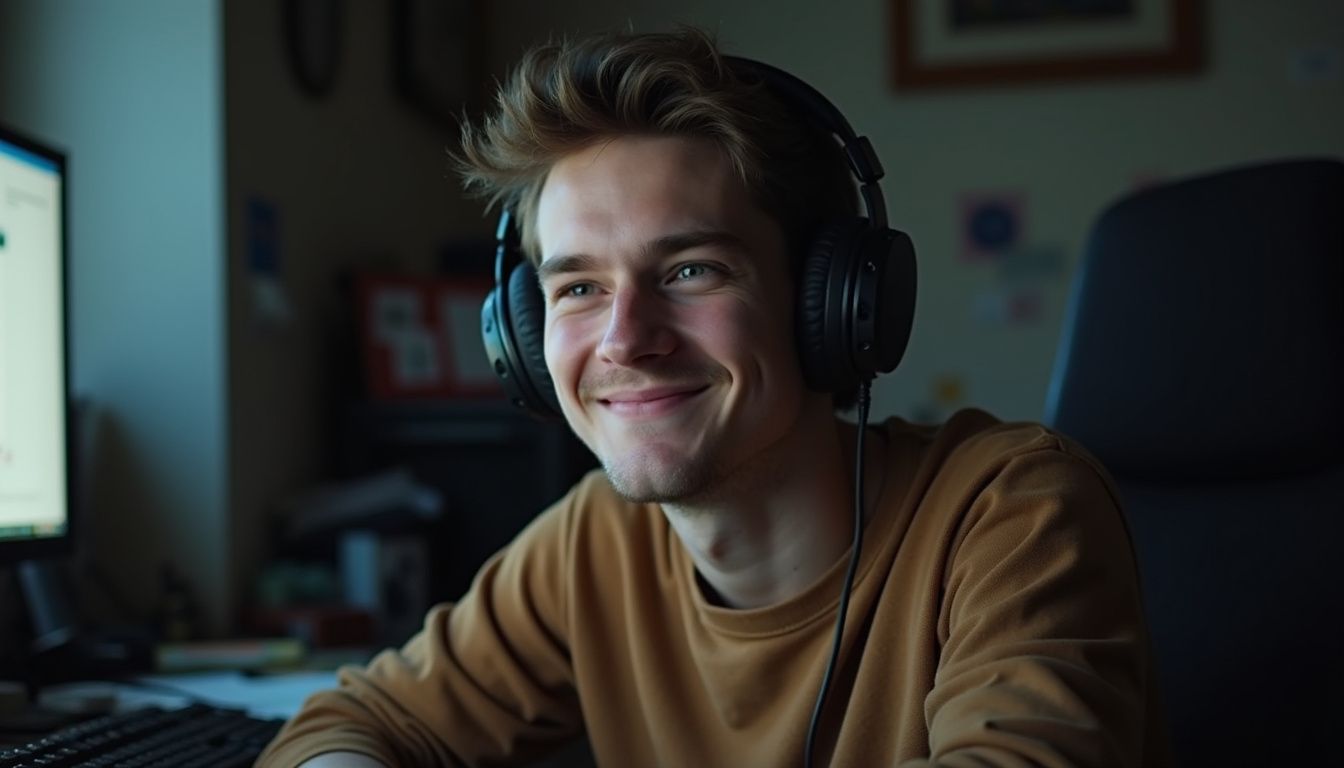 A young man in his mid-20s engages in a casual game chat at a cluttered desk. Young man smiling while wearing headphones at computer in a home office.