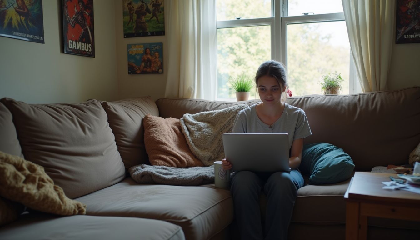 A young woman casually scrolls through Reddit on her laptop while relaxing in a cozy, lived-in living room. Laptop user working comfortably on a beige sofa in a cozy living room with posters on the wall, natural light from the window, and potted plants in the background.