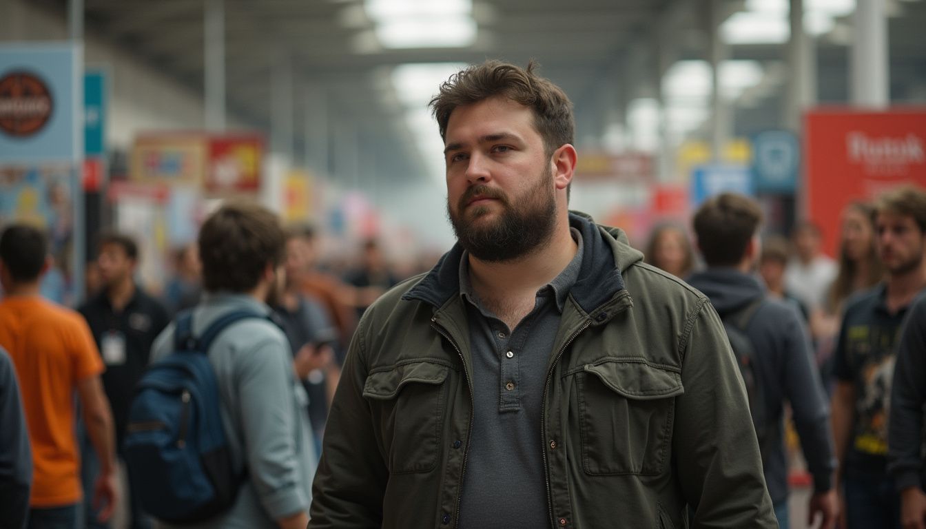 A casual snapshot of a man exploring a bustling gaming convention filled with booths and costumed attendees. Men in crowded train station with colorful signage and diverse travelers.