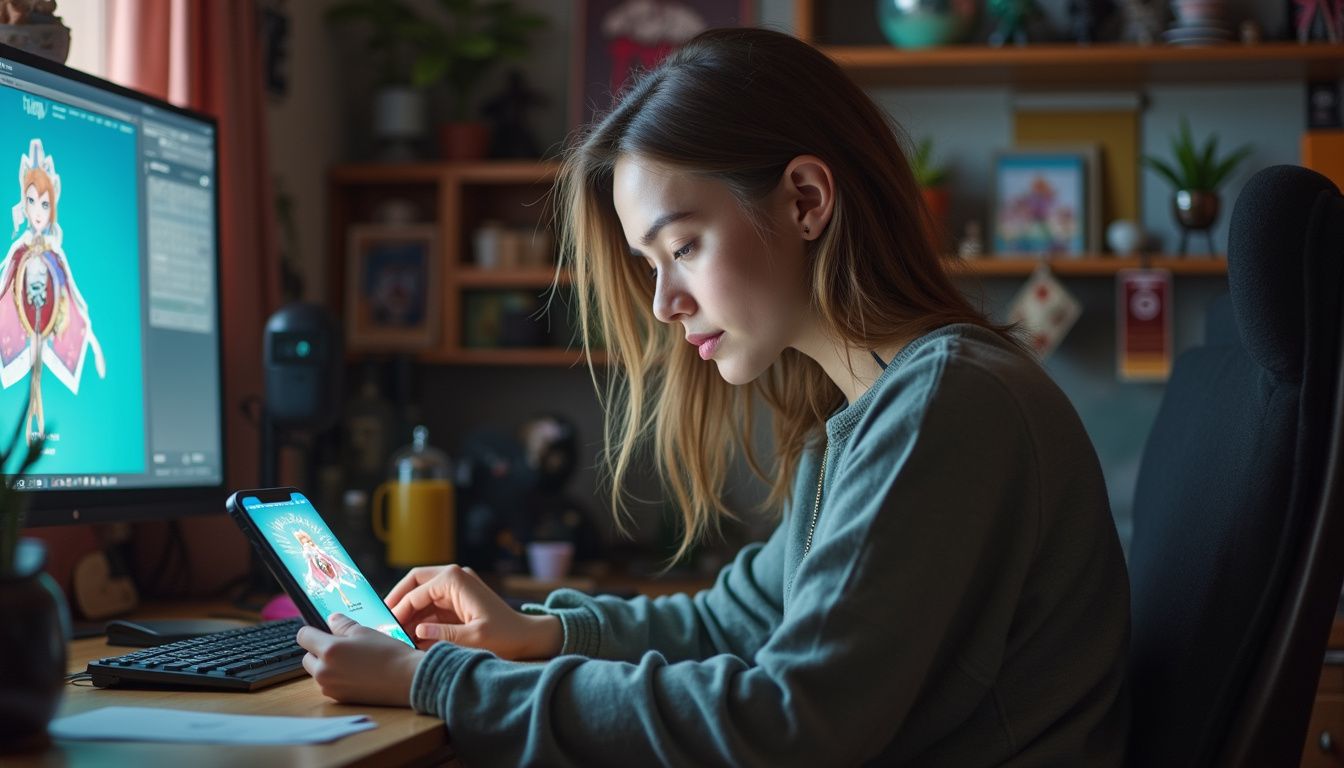 A woman uses the THE*GAMEHERS app at her cluttered home desk, surrounded by gaming posters and figurines. Fantasy character design on phone, young woman gaming and creating digital art, cozy home workspace with computer and shelves, GeekExtreme creative tech environment, high-quality image for tech and gaming enthusiasts.