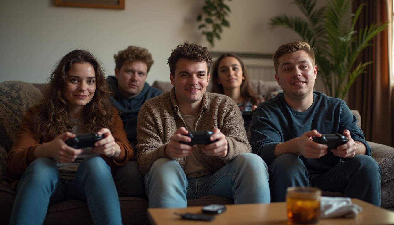 Friends playing PUBG together in a living room.