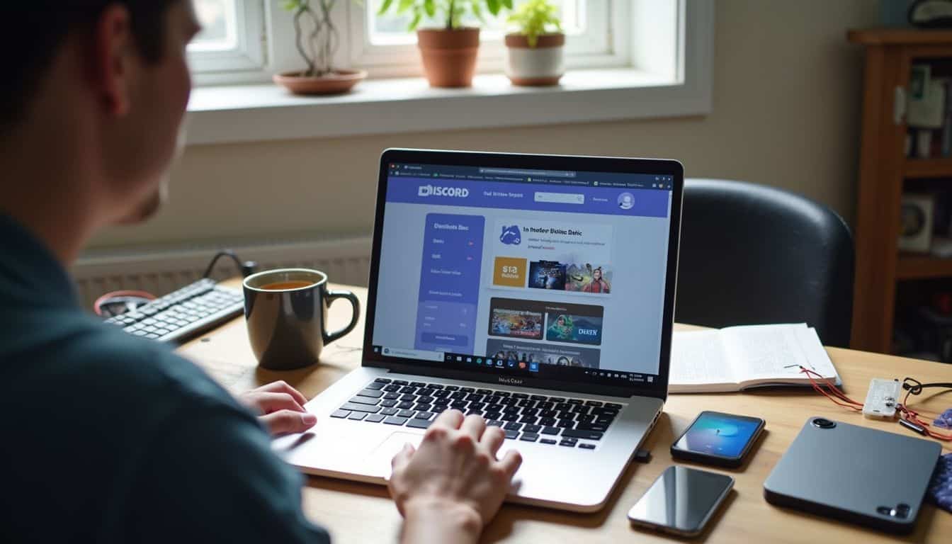 Laptop on a cluttered desk with a comparison chart on screen.