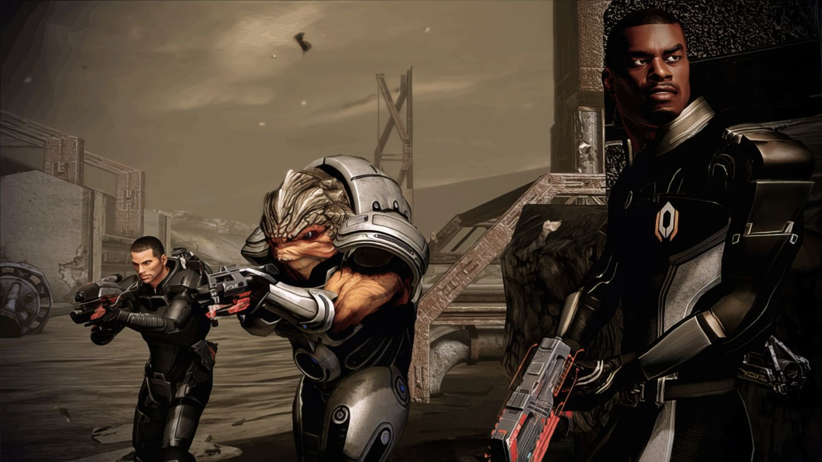 A man studies a glowing tablet with star charts, planning the next move. Futuristic soldiers in armor engaged in a battle scene on a dystopian city street, showcasing sci-fi action, advanced weaponry, and cybernetic gear, emphasizing gaming and sci-fi themes for Optimal SEO.