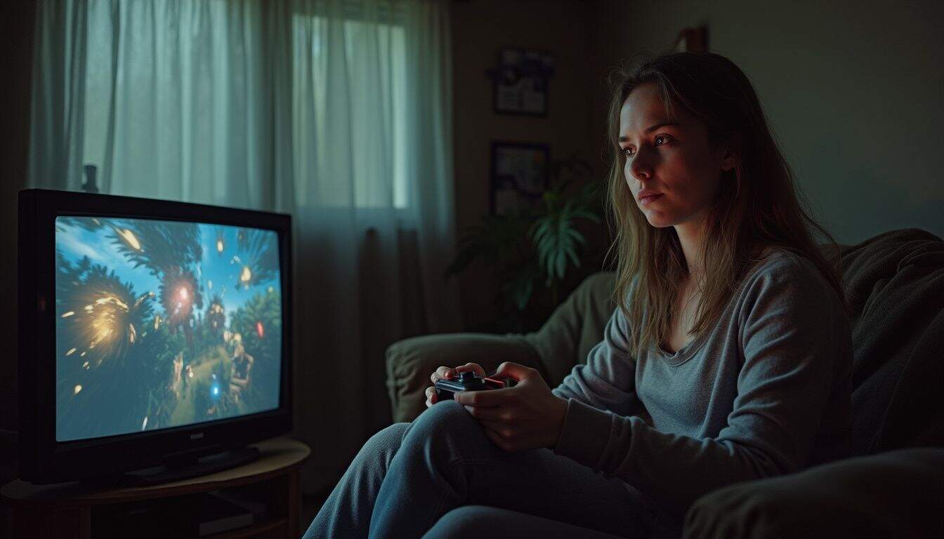A woman relaxes with a controller in a cozy living room, focused on gameplay.
