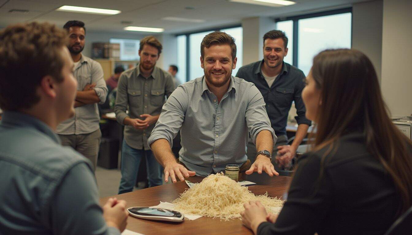 A group of coworkers share a genuine laugh in a cluttered office as someone plays a prank with a whoopee cushion. A group of coworkers share a genuine laugh in a cluttered office as someone plays a prank with a whoopee cushion.