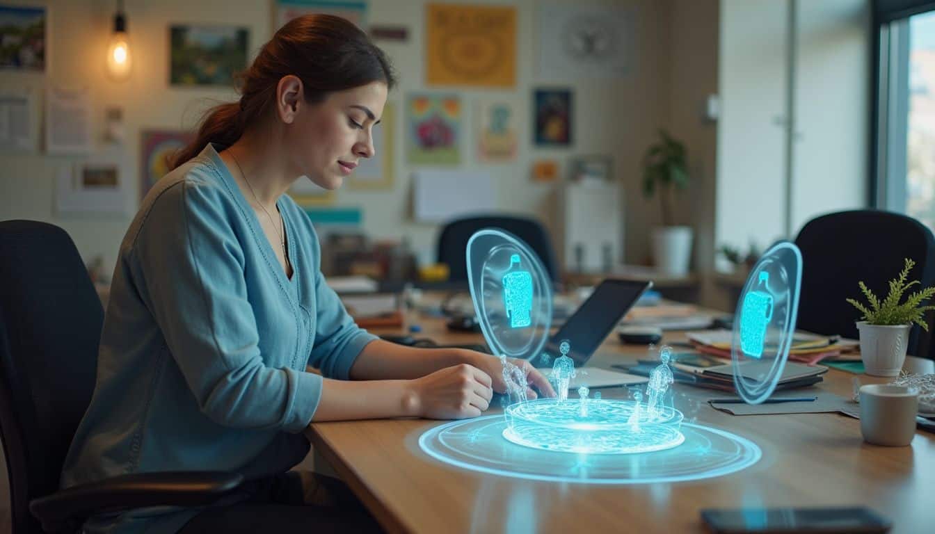 A woman playfully sets up a holographic prank with digital whoopee cushions and funny QR codes on a coworker's desk. A woman playfully sets up a holographic prank with digital whoopee cushions and funny QR codes on a coworker's desk.