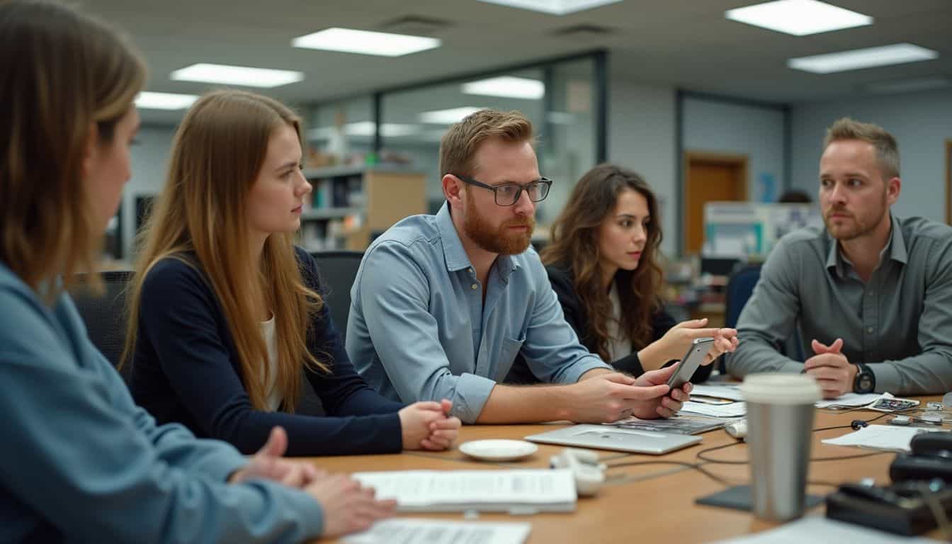 A cluttered office scene shows coworkers distractedly searching for the source of a persistent beeping noise. A cluttered office scene shows coworkers distractedly searching for the source of a persistent beeping noise.