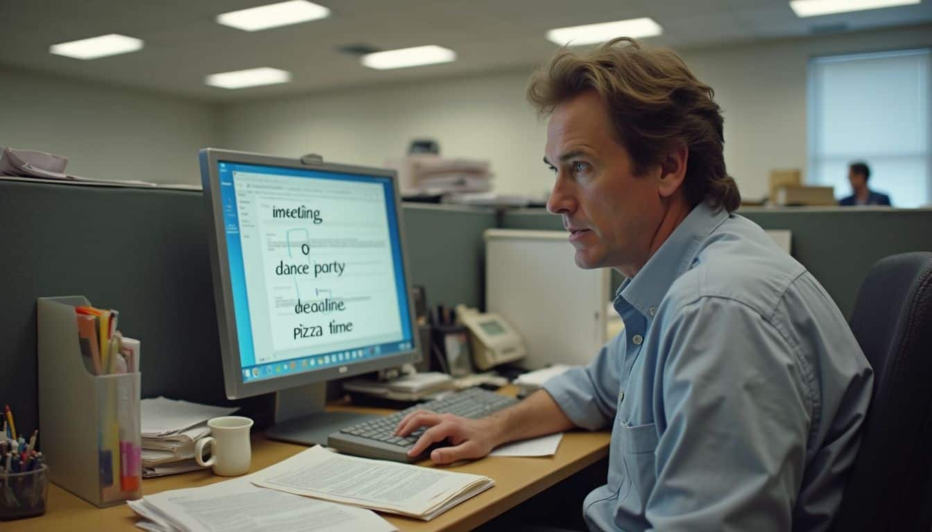 A puzzled office worker sits at a cluttered desk, confused by humorous email subject changes. A puzzled office worker sits at a cluttered desk, confused by humorous email subject changes.