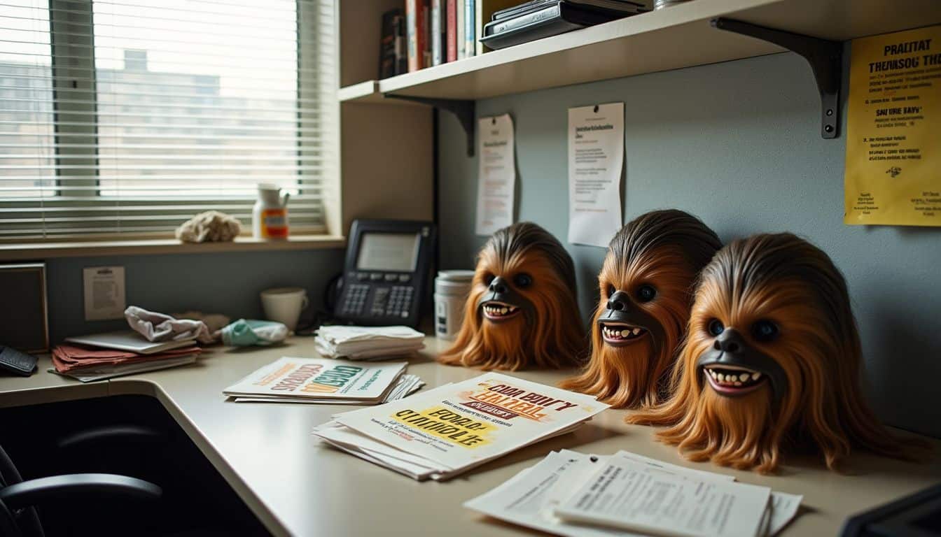 A cluttered office cubicle filled with Chewbacca masks and contest flyers, reflecting a busy, casual workspace. A cluttered office cubicle filled with Chewbacca masks and contest flyers, reflecting a busy, casual workspace.