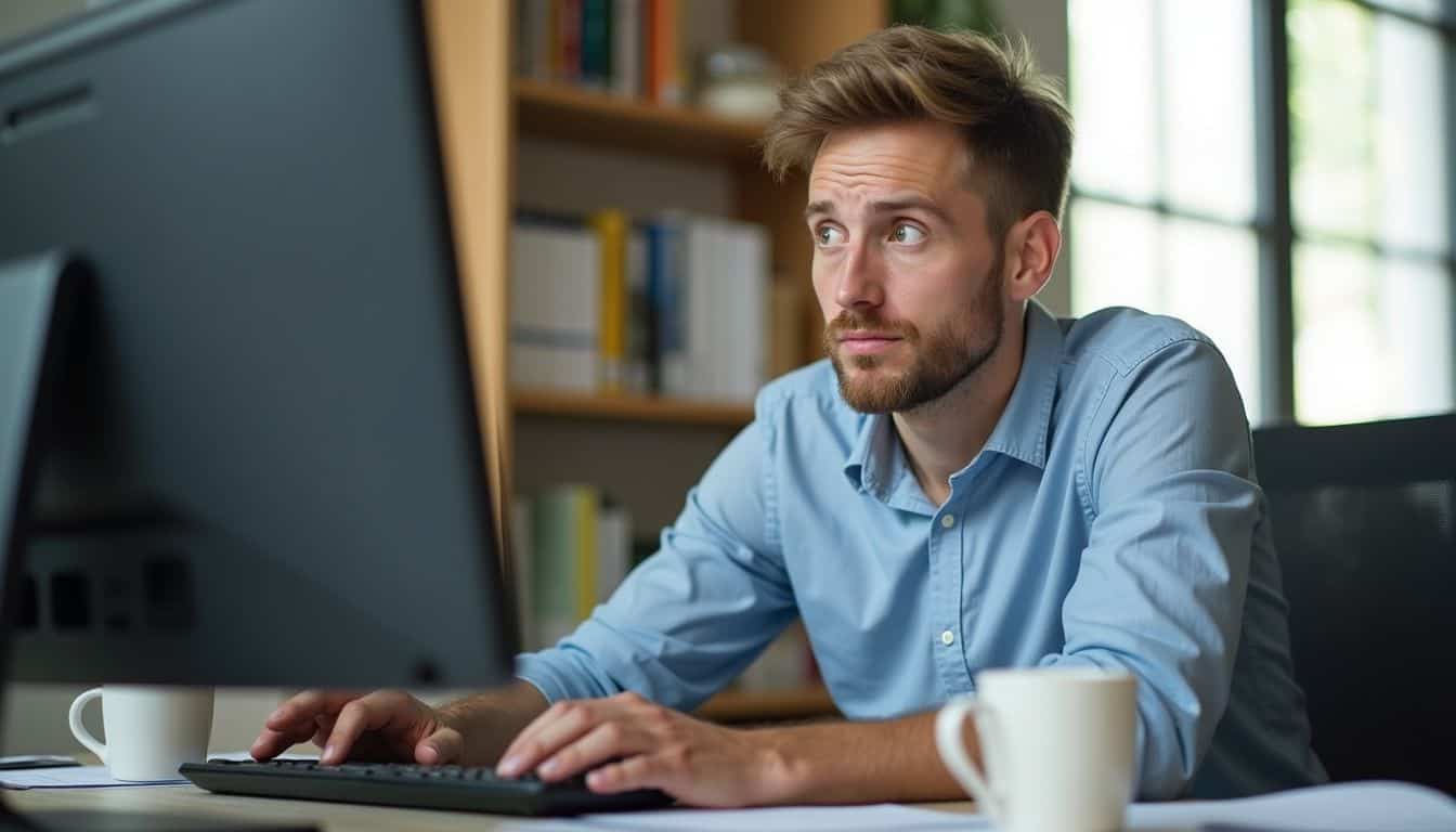 A mid-30s office worker looks puzzled while trying to click on something at their cluttered desk. A mid-30s office worker looks puzzled while trying to click on something at their cluttered desk.