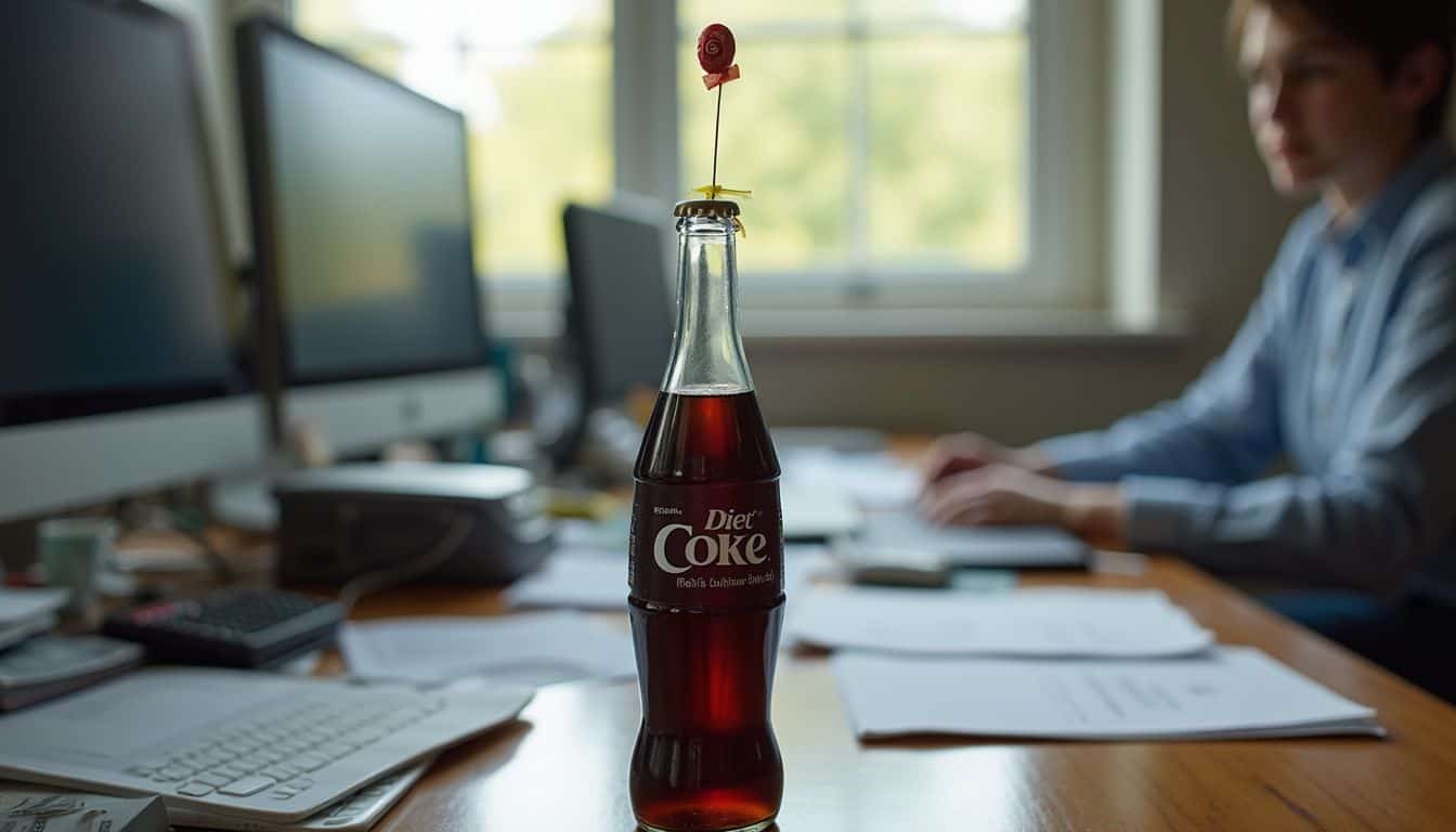 A cluttered office desk features a Diet Coke bottle and a Mentos candy poised for a spontaneous prank. A cluttered office desk features a Diet Coke bottle and a Mentos candy poised for a spontaneous prank.
