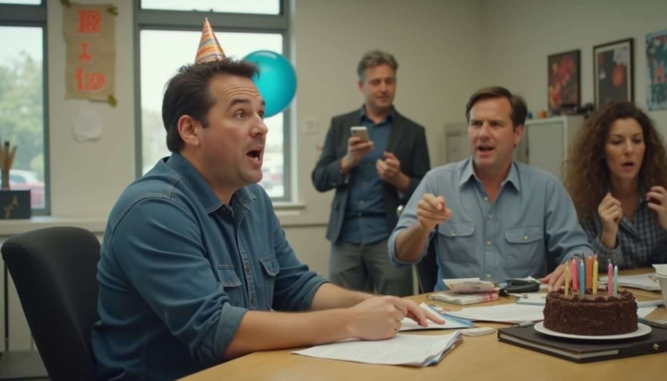 A casually dressed man looks surprised as coworkers celebrate his birthday with singing and a modest cake. A casually dressed man looks surprised as coworkers celebrate his birthday with singing and a modest cake.