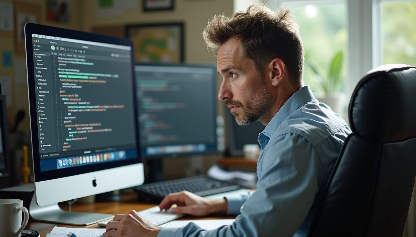 A weary man in his 30s sits at a messy desk, distracted by an update on his computer screen. A weary man in his 30s sits at a messy desk, distracted by an update on his computer screen.