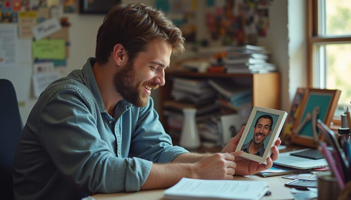 A man in his 30s laughs at a silly meme in his messy office, capturing a candid, genuine moment. A man in his 30s laughs at a silly meme in his messy office, capturing a candid, genuine moment.