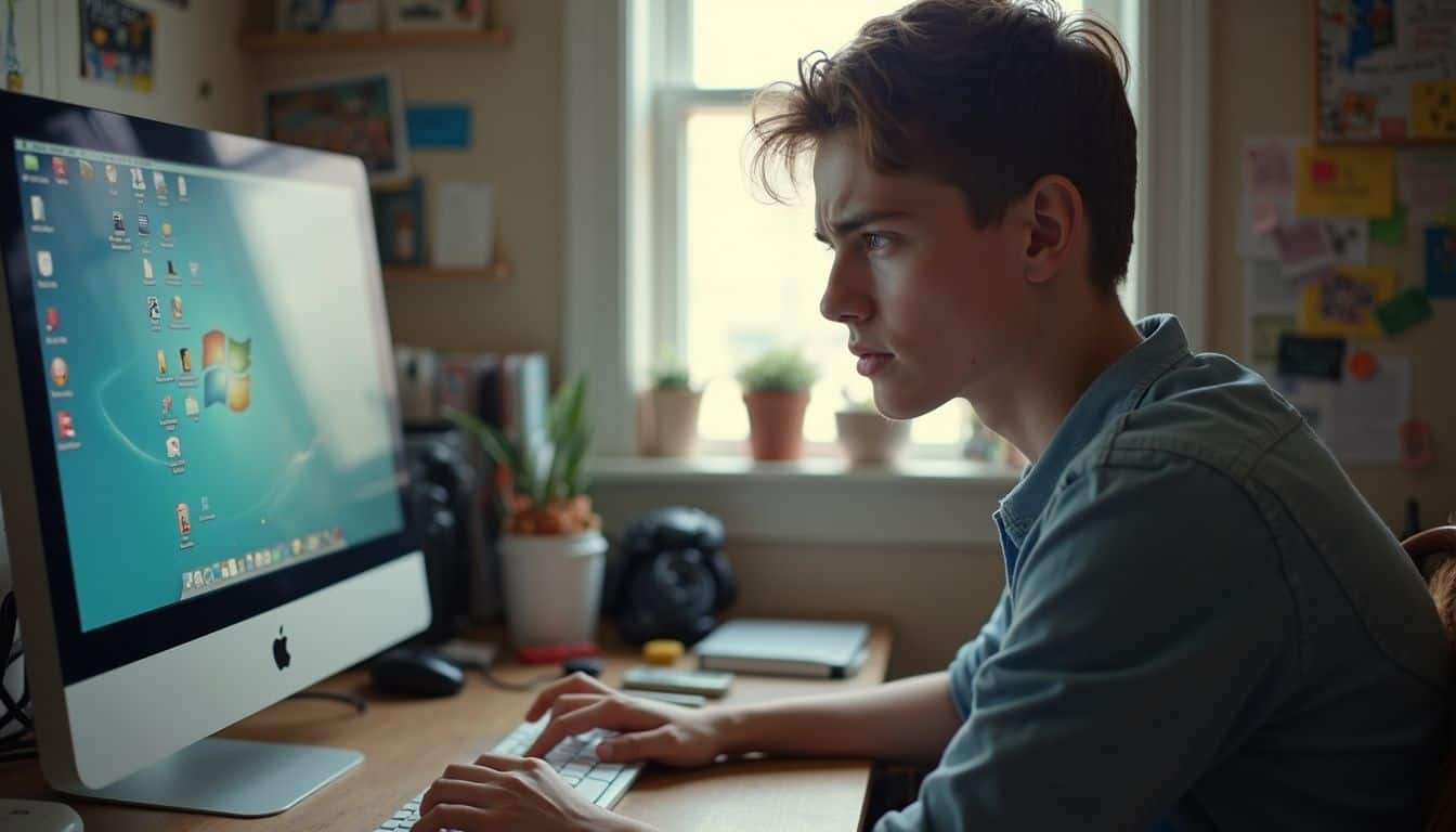 A young adult at a cluttered desk looks mildly confused and frustrated at a computer screen with broken icons. A young adult at a cluttered desk looks mildly confused and frustrated at a computer screen with broken icons.