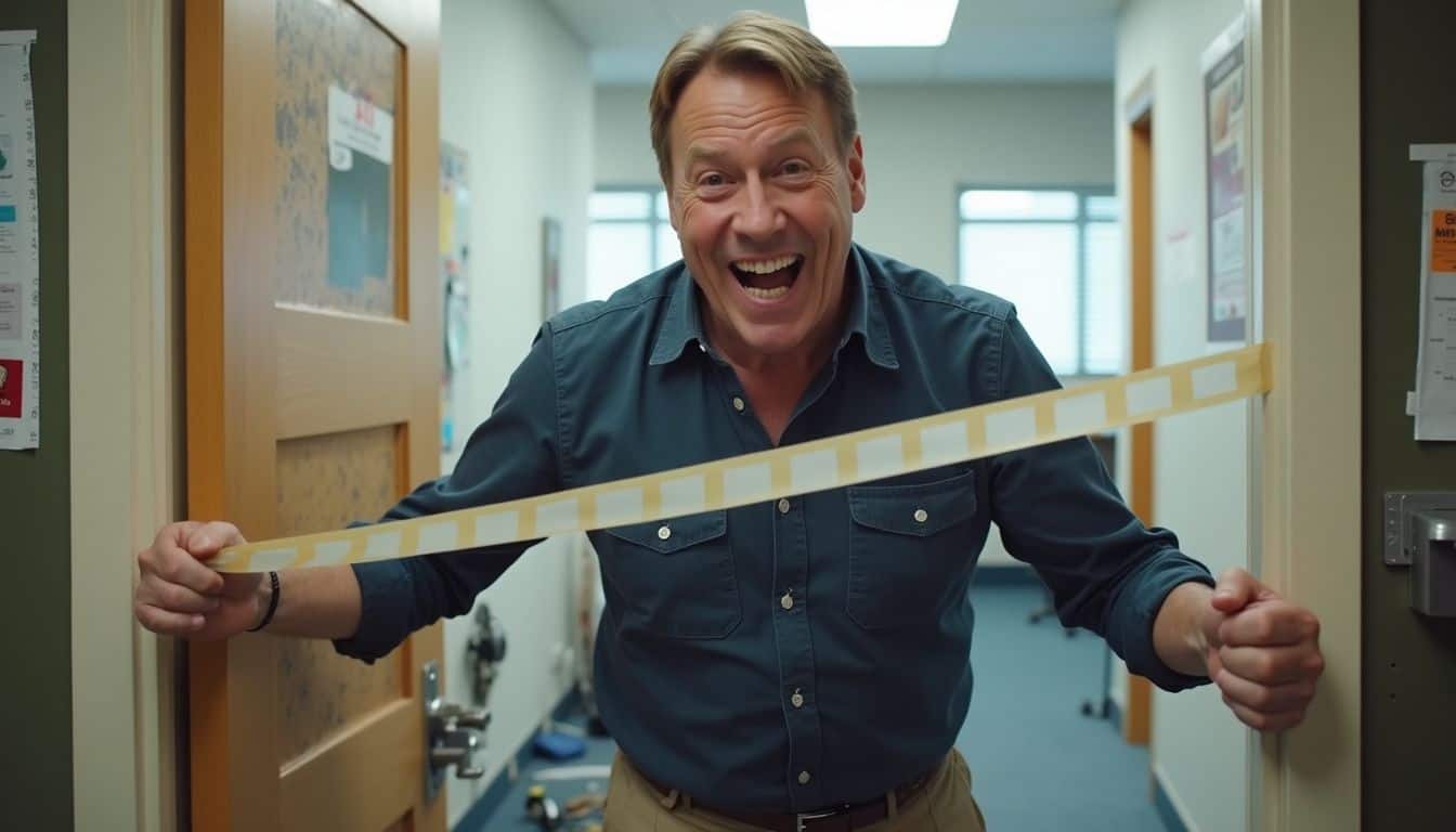 A man walks into a strip of tape at an office entrance, reacting with surprise and laughter. A man walks into a strip of tape at an office entrance, reacting with surprise and laughter.