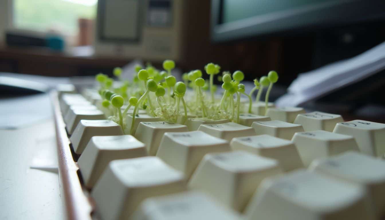 A plain keyboard with green sprouts growing between the keys rests on a cluttered office desk. A plain keyboard with green sprouts growing between the keys rests on a cluttered office desk.