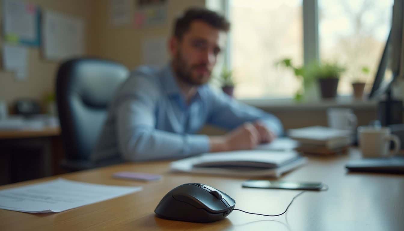 A frustrated individual sits at a cluttered desk with a nonfunctional computer mouse and various office items scattered around. A frustrated individual sits at a cluttered desk with a nonfunctional computer mouse and various office items scattered around.