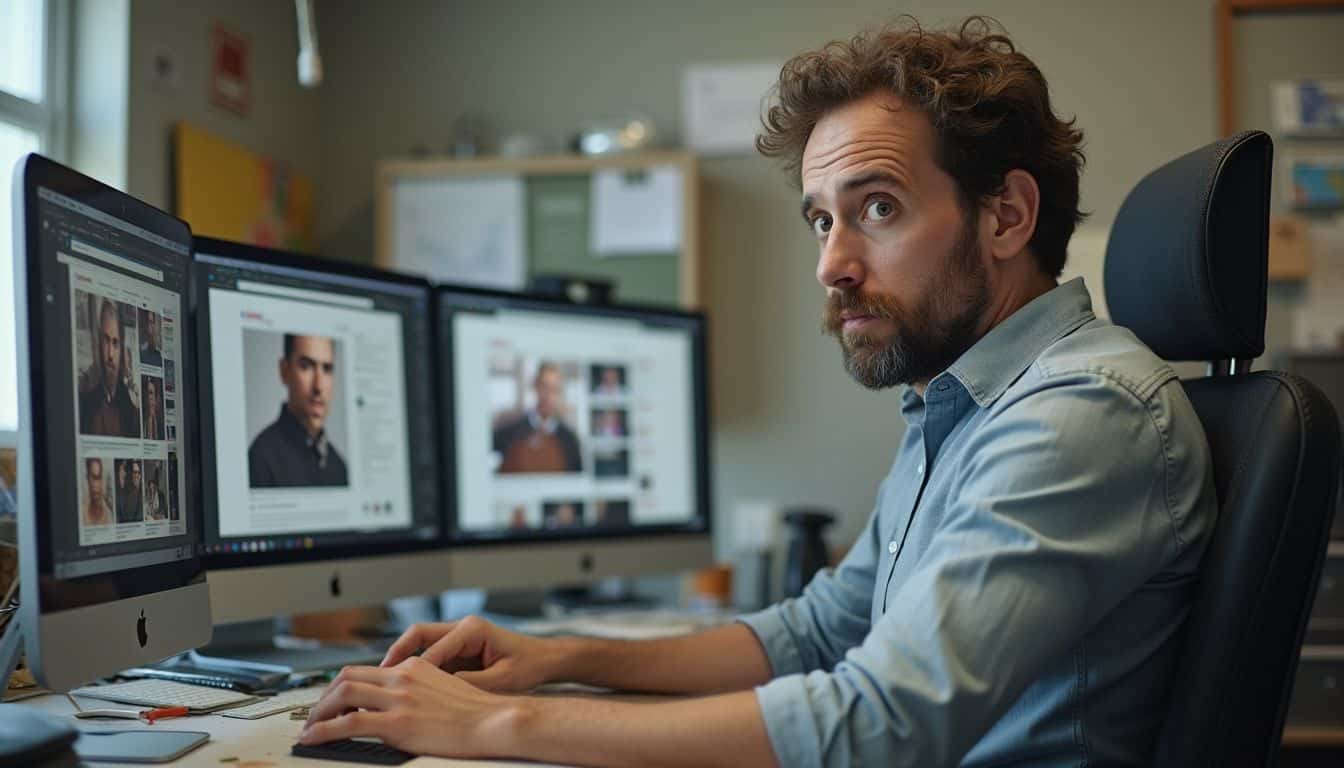 A perplexed office worker sits at a cluttered desk, staring at computer tabs filled with images of Nicolas Cage. A perplexed office worker sits at a cluttered desk, staring at computer tabs filled with images of Nicolas Cage.