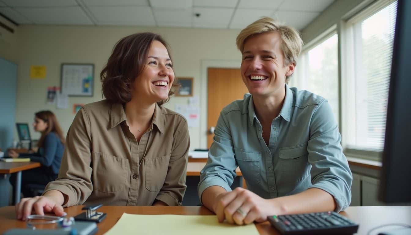 Two coworkers share a laugh in their messy office, capturing a genuine moment of camaraderie. Two coworkers share a laugh in their messy office, capturing a genuine moment of camaraderie.