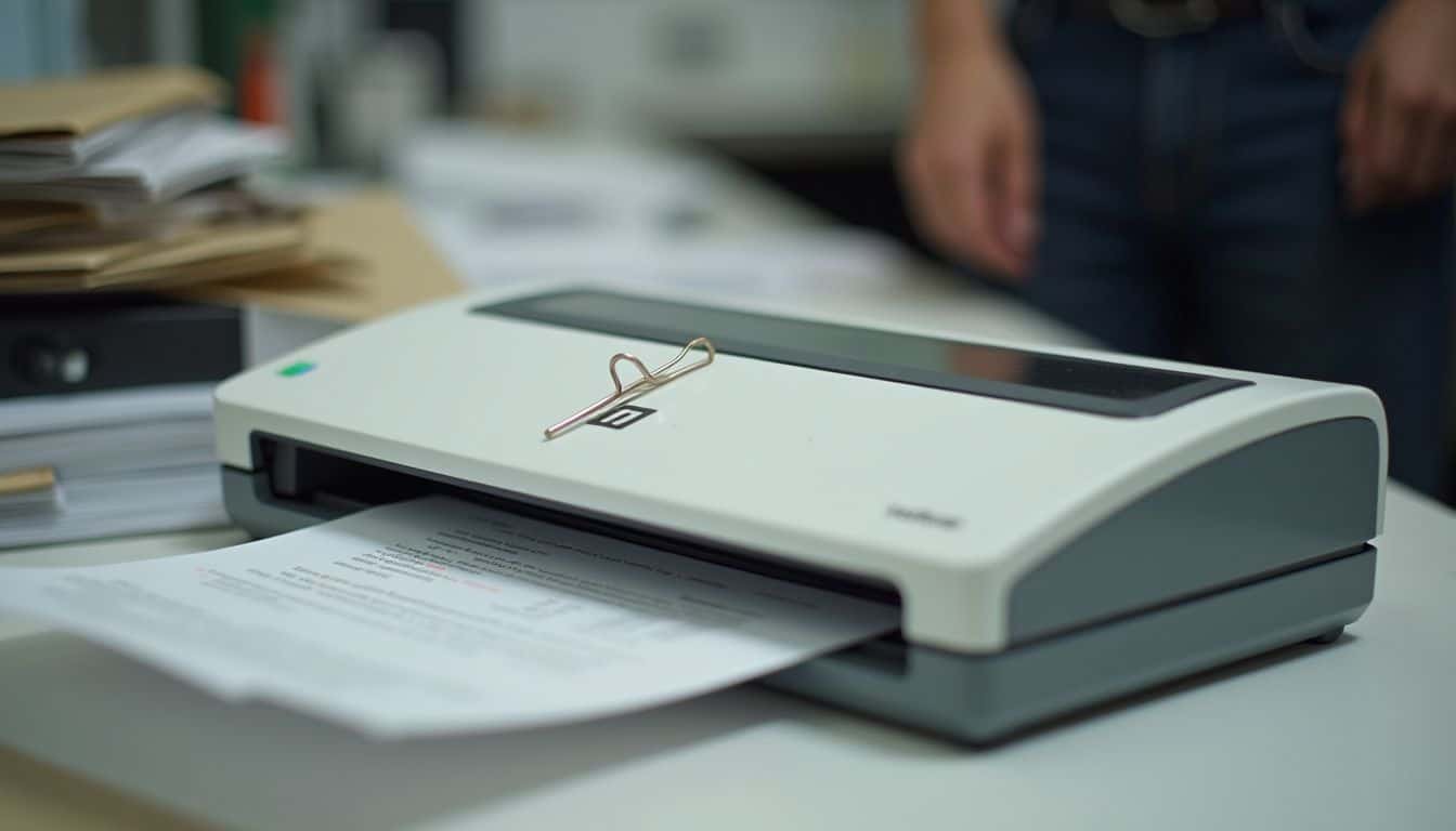 A casual office scene features a scanner, papers, and an unmade desk with a relaxed, naturally dressed individual nearby. A casual office scene features a scanner, papers, and an unmade desk with a relaxed, naturally dressed individual nearby.