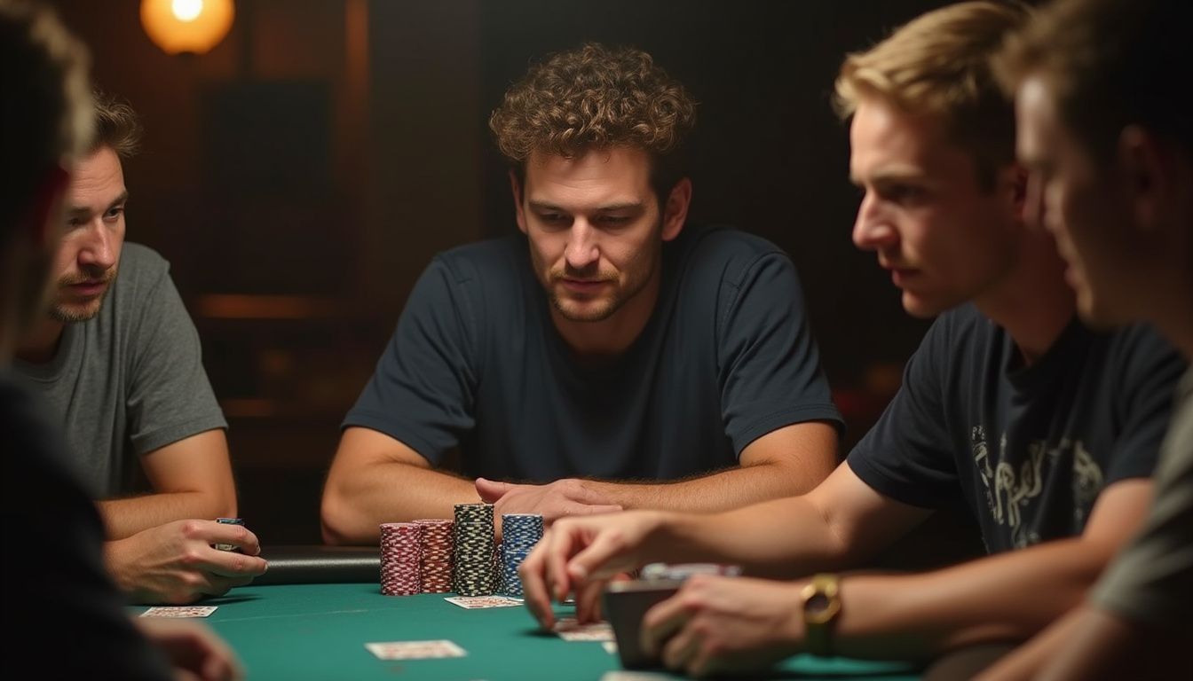 A casual group of friends enjoys a poker night, focusing on their cards and engaging in quiet conversation. A casual group of friends enjoys a poker night, focusing on their cards and engaging in quiet conversation.