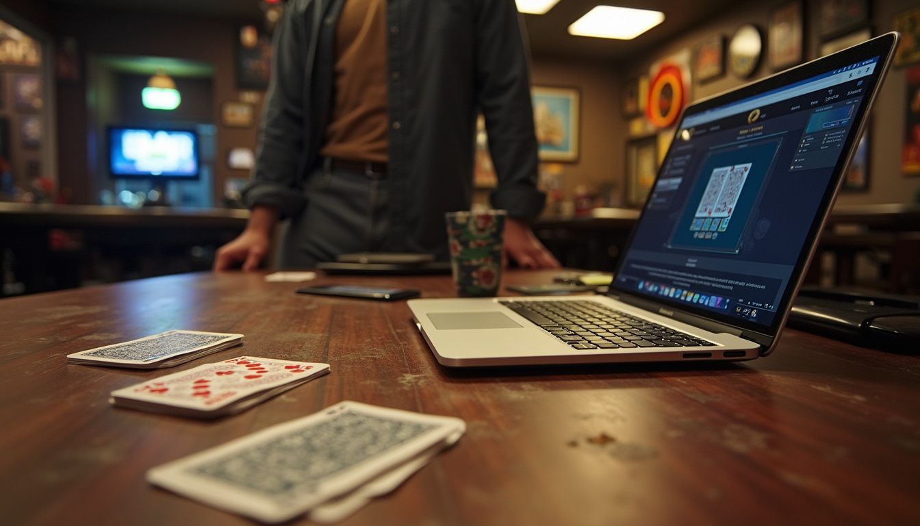 A casual poker scene features a deck of cards and a laptop displaying a bitcoin poker site. A casual poker scene features a deck of cards and a laptop displaying a bitcoin poker site.