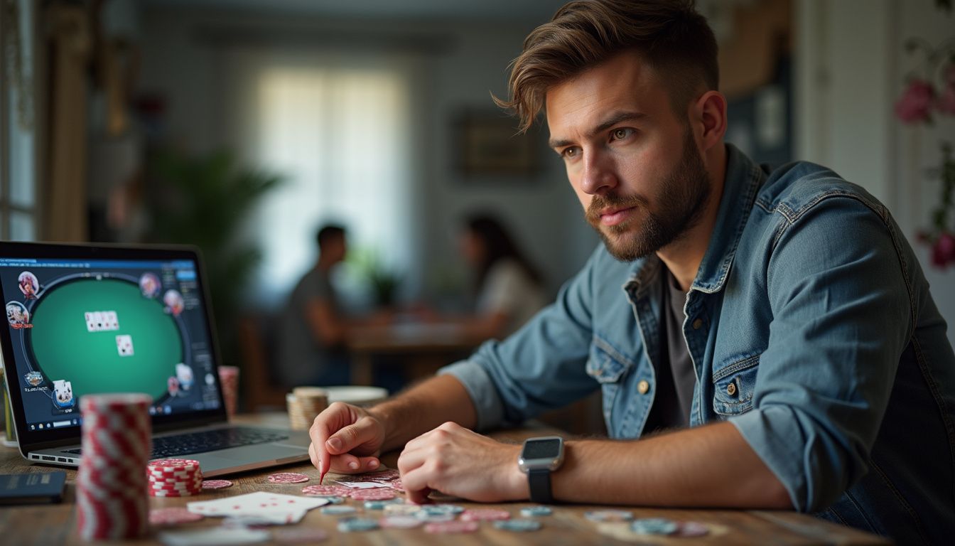 A casually dressed man appears focused at a messy desk filled with poker chips and cards while using his laptop. A casually dressed man appears focused at a messy desk filled with poker chips and cards while using his laptop.