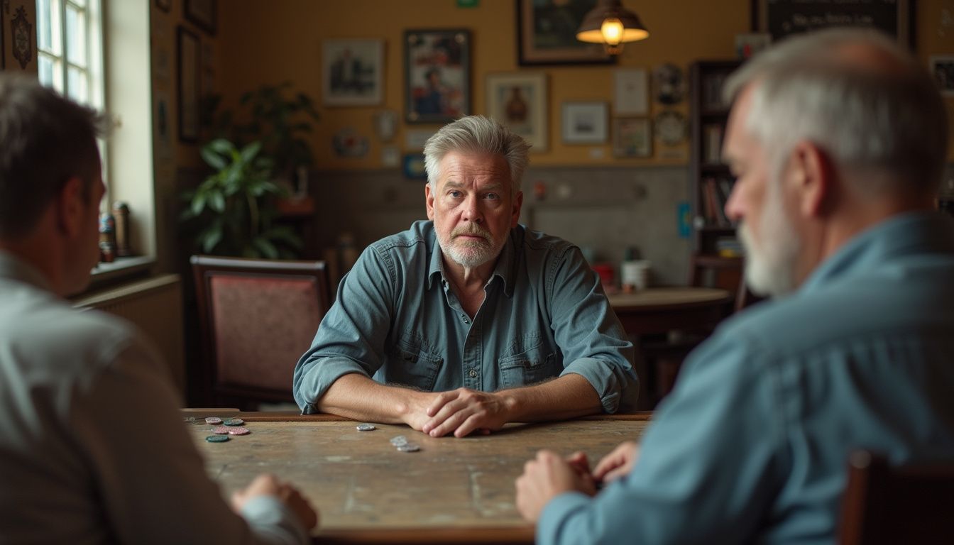 A middle-aged man casually observes a quiet poker game at a worn casino table. A middle-aged man casually observes a quiet poker game at a worn casino table.