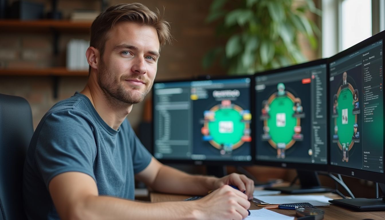 A relaxed man in casual clothes sits at a cluttered desk with computer screens displaying online poker tables. A relaxed man in casual clothes sits at a cluttered desk with computer screens displaying online poker tables.