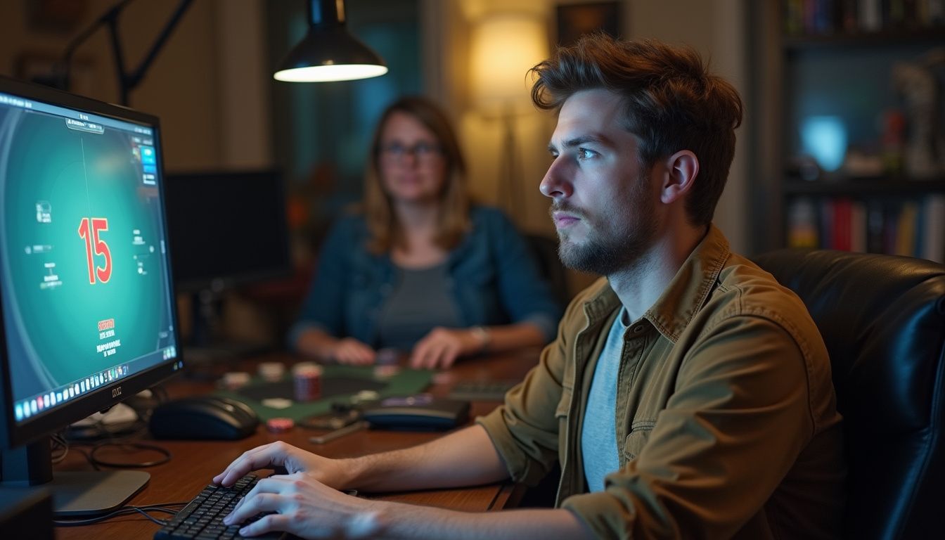 A man plays online poker at his cluttered desk while a woman plays live poker at a nearby table. A man plays online poker at his cluttered desk while a woman plays live poker at a nearby table.