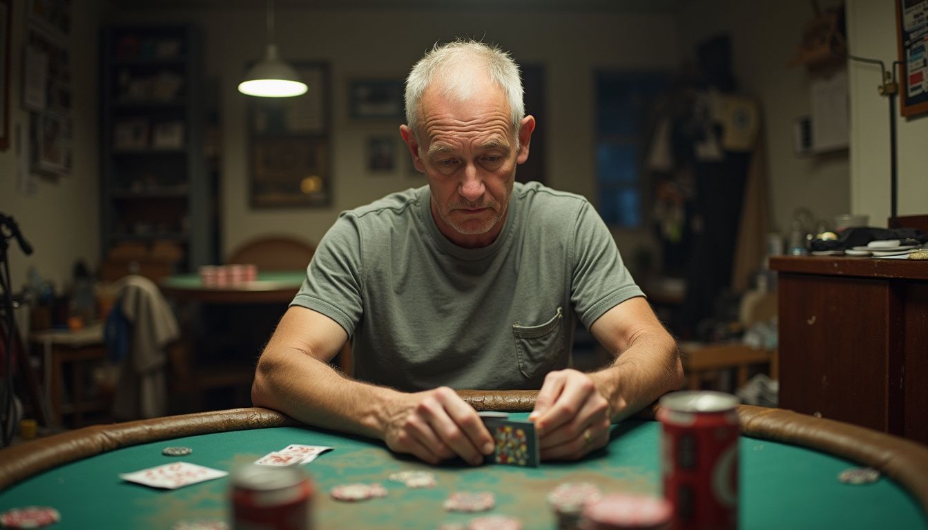 A middle-aged man sits at a cluttered poker table, focused on his cards during a casual card game. A middle-aged man sits at a cluttered poker table, focused on his cards during a casual card game.